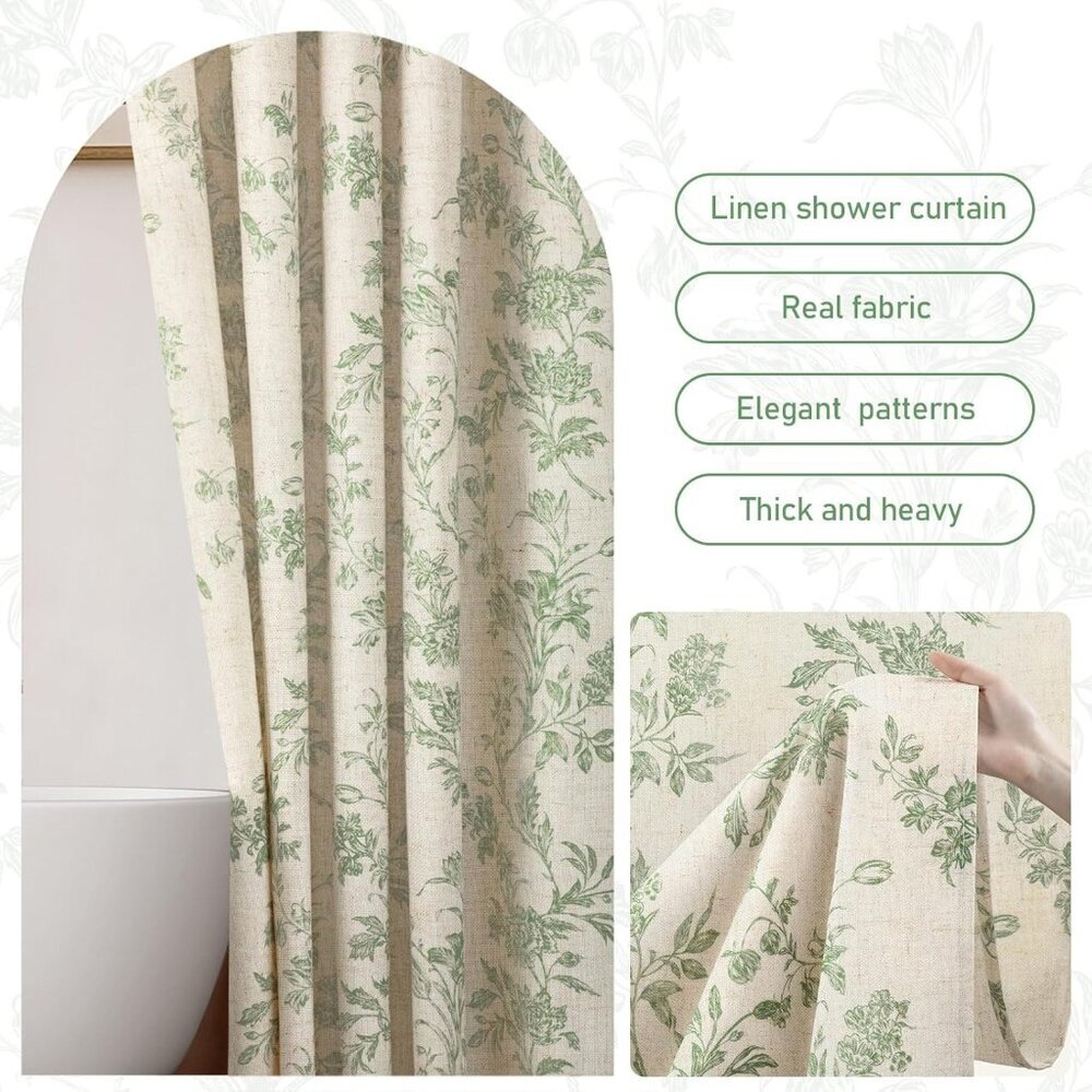 Beige Linen Shower Curtain,Sage Green Cotton Floral Cottagecore Spring Shower Cu - Picture 6 of 6